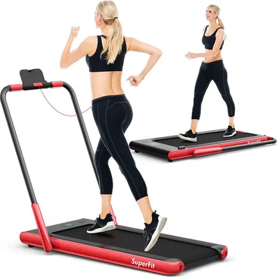 Zdjęcie produktu dla Bieżnia COSTWAY 2 w 1 z aplikacją i pilotem | Bluetooth | 1–12 km/h | Wyświetlacz LED | Uchwyt na telefon | Składana | Nośność do 120 kg | Kolor czerwony
