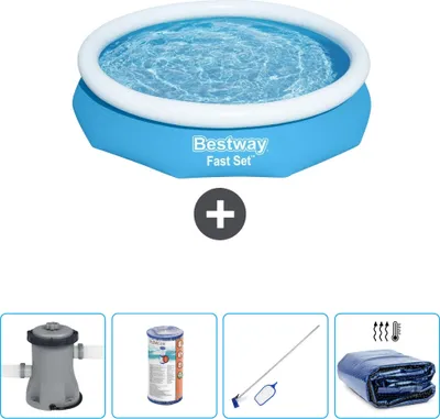 Produktbild von Bestway runder aufblasbarer Fast-Set-Schwimmpool – 305 x 66 cm – Blau – inklusive Pumpe Filter - Reinigungskit - Sonnensegel