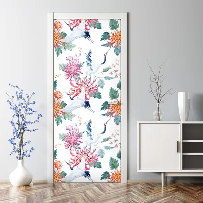 Produktbild von Dekorative Türtapete selbstklebend Klebefolie Türposter Türaufkleber Kraniche und Blumen 77 x 200 cm