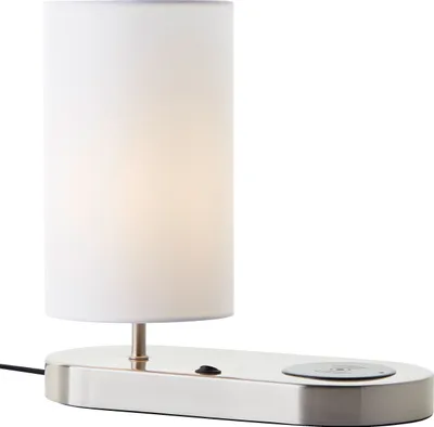 Produktbild von Tischlampe mit Induktionsladeschale & weißen Stoffschirm - 26 cm