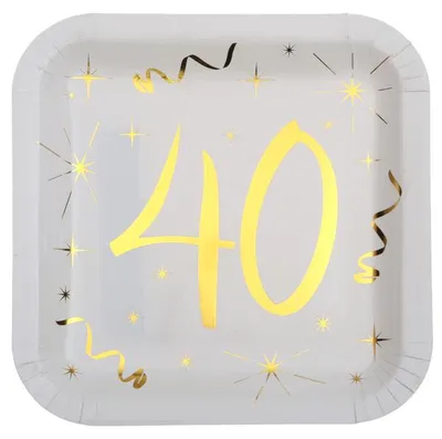 Produktbild von 10 Papp-Teller Geburtstag 40 weiß-gold