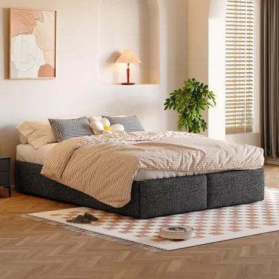 Obrázok produktu pre Postel Merax 140x200 cm, čalúnená, detská posteľ/platforma s hydraulickým úložným priestorom, 2 zásuvky, posteľ bez čela, posteľ pre mládež, dvojlôžko, sivá