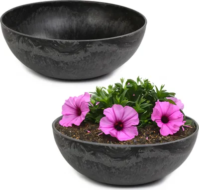 Image de Jardinière ronde ventrue de 20 cm pour l'extérieur, noire marbrée