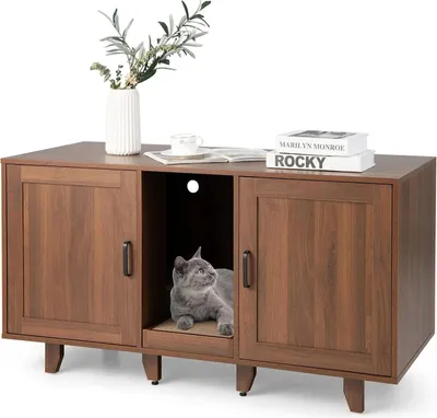 Immagine prodotto di Armadio per lettiera - Mobili per lettiera - Per 2 gatti - 2 ante - Tiragraffi - Ingresso - 120×52×65 cm - Marrone tè