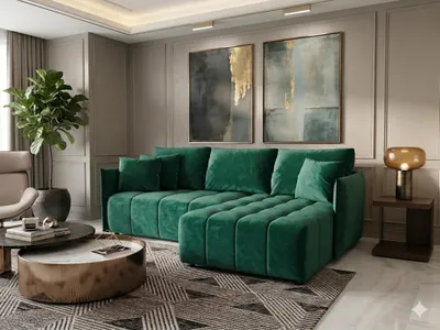 Image de Canapé d’angle CHICAGO droit vert velours Monolith 37 - fonction couchage, coffre de rangement pour la literie