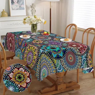 Obrázok produktu pre Obrus obdĺžnikový, štýl boho, s motívom mandaly, 140x180 cm, polyester, umývateľný, odolný voči poveternostným vplyvom, vhodný na vonkajšie použitie