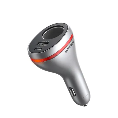 A silver car charger with two USB ports and a red accent light, shown against a white background.
