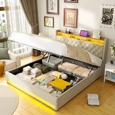 Produktbild von okwish Polsterbett 180×200 Jugendbett mit LED-Beleuchtung, USB & Steckdosen,Stauraumbett mit Kopfteil & Regal ,Komfortables Bett für Schlafzimmer,Beige(ohne Matratze)