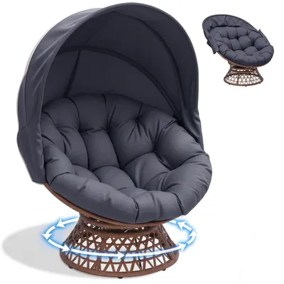 Produktbild von COMHOMA Papasansessel, gemütlicher Drehsessel mit Kissen rund, bequemer Rattansessel, Loungesessel drehbar, runder Relax Korbsessel Rattan, GRAU