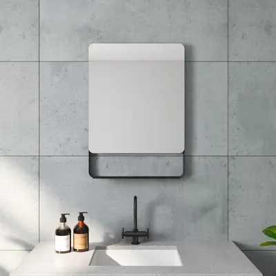 Produktbild von AQUABATOS® Badezimmerspiegel Wandspiegel 50x70 cm mit Ablage Schwarz matt Badspiegel ohne Beleuchtung Hängespiegel Moderne Wohnzimmerspiegel Rechteckige Dekospiegel Aluminium Rahmen