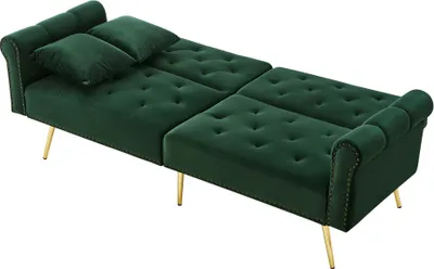 Produktbild von 2Sitzer Schlafsofa Gruen Sofa 173x75x70 cm Couch Sessel Samt Bezug Mit 3 Stufiger Rueckenlehne Und Vergoldeten Metallfuessen Platzsparendes Wohnzimmer