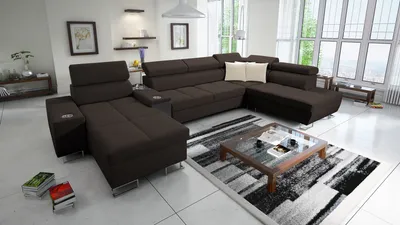 Produktbild von Wohnzimmer Couch Wohnlandschaft in U-Form MOREN V Big Sofa Ecksofa Ottomane Links Eckcouch mit Schlaffunktion Braun Stoff SAWANA 26