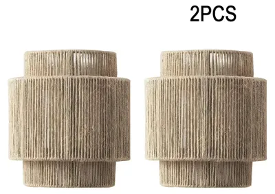 Produktbild von Boho-Wandleuchten - 2er-Set Wandlampen - Handgeflochtener Rattan - Natürliches Hanfseil - E27-Fassung - Ohne Leuchtmittel - Khaki