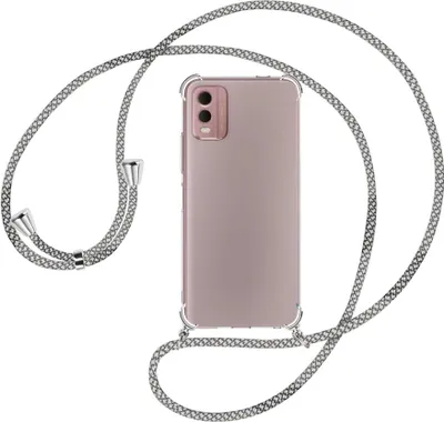 Produktbild von Handykette Backcover-Schutzhülle mit Band (Metall silberfarben) für Nokia C32 4G (6.5'') - weiß/grau kariert