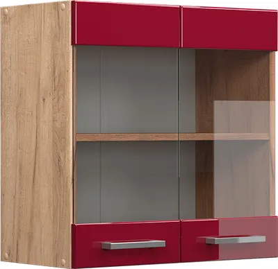 A wall-mounted cabinet with red high-gloss fronts and wood-effect sides.