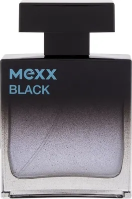 A black perfume bottle with a gradient from black to clear, and blue text.