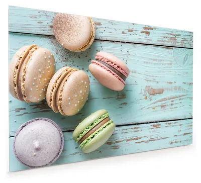 Produktbild von Küchenrückwand Spritzschutz Glas mit Motiv Macarons auf Holz 40 x 40 cm