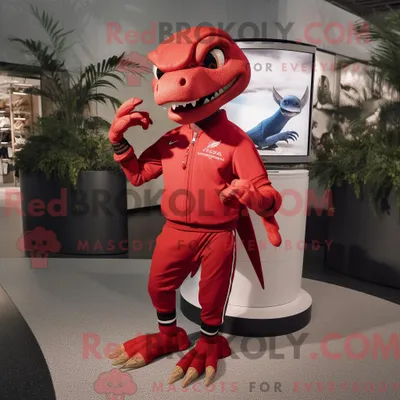 Productafbeelding van Mascot REDBROKOLY karakter van een rode Dimorphodon gekleed met een joggingbroek en armbandhorloges