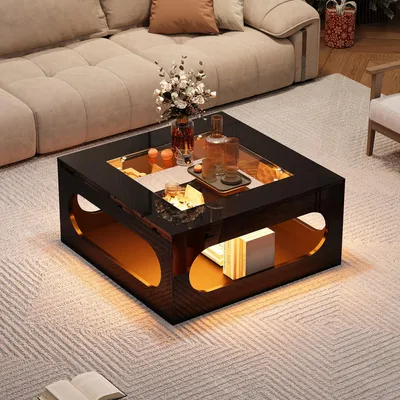 Image de MODFU Table Basse - LED Contrôlable via Application - Plateau en Verre Trempé - Structure en MDF - Noir - 70x70x35 cm