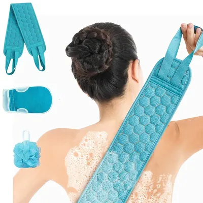 Produktbild von Rückenpeeling-Set, Peelinghandschuh und Badeschwamm für die Dusche (3-teilig), Duschpeeling für Männer und Frauen, reinigt und massiert den Körper gründlich