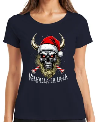 Productafbeelding van Valhalla La La La Wikinger Totenkopf Baard Kerstmis Dames T-shirt, Marineblauw, Maat L