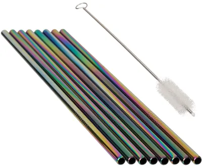 Produktbild von 8 Metall-Trinkhalme Regenbogenfarben mit Reinigungsbürste Umweltfreundlich