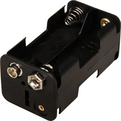 A black battery holder for AA batteries is shown against a white background.