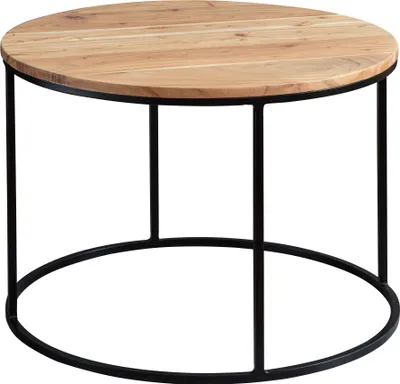 Runder Couchtisch Akazie Massivholz Metall mit Holzplatte und schwarzem Metallgestell, Gesamtansicht.