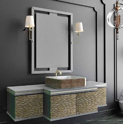 Image de Casa Padrino Ensemble de salle de bain de luxe gris / or / noir - 1 lavabo avec 4 portes et 1 vasque et 1 miroir mural avec 2 appliques - Collection de luxe