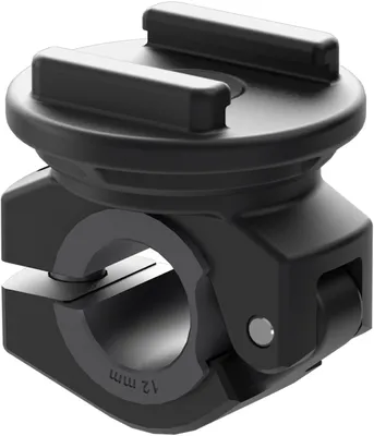 A black SP Connect mirror mount for a motorcycle handlebar.