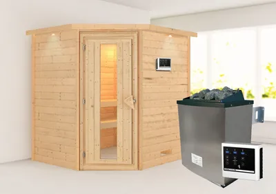 Produktbild von Karibu Sauna Innensauna Mia Eckeinstieg  Ofen 9 KW externe Strg easy 224x184x202 cm mit Dachkranz  mit Energiespartür