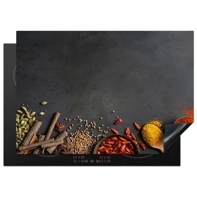 Obrázek produktu pro KitchenYeah® Krycí deska na sporák bylinky - potraviny - koření - černá - paprika - skořice, 75x52cm, dekorace do kuchyně, keramická krycí deska, krycí deska na varnou desku