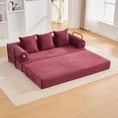Produktbild von okwish Klassische Sofas mit drei weichen Kissen und Aufbewahrungstasche,Schlafsofa,Metallgestell,Modernes Klappsofa,Weinrot