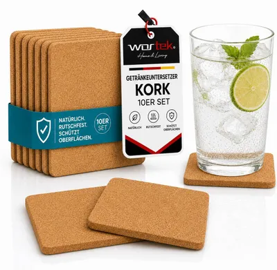 Obrázek produktu pro wortek Korkové podtácky – dekorativní podložky pod sklenice I Korkové kryty na nápoje, sklenice, šálky, bar a stůl, sada 10 ks I 10 cm I čtvercové