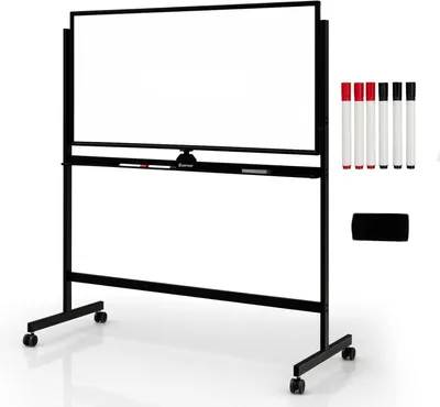 Image de Tableau blanc mobile, dimensions 120 x 60 cm, tableau blanc magnétique double face avec support et roulettes, effaçable à sec
