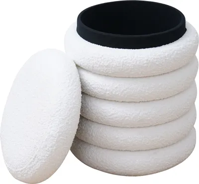 Produktbild von Bouclé Sitzhocker Ø38 cm Weiß Sitzhocker Hocker Fußhocker Stoffhocker