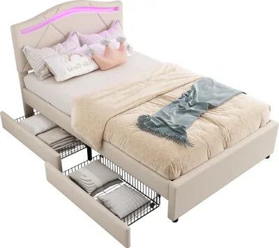 Produktbild von Polsterbett, 90x200cm, Bett mit Lattenrost (ohne Matratze),  Bett Mit LED-Leuchten, ,Mit zwei Schubladen, Verstellbares Kopfteil, Leinen, Minimalistisch, Beige