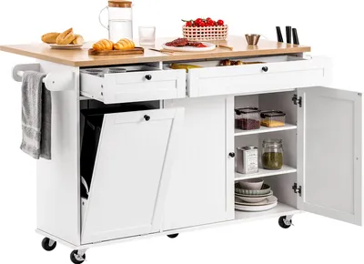 Produktbild von VEVOR Kücheninselwagen 153 cm breiter mobiler Küchenwagen mit Rädern & Klappplatte & 2 Schubladen & Mülleimerschrank & Messerhalter & Gewürzregal & Handtuchhalter, Tisch für Esszimmer, Speisekammer