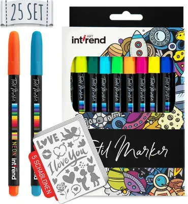 Produktbild von int!rend Textilmarker 25er Set I 20 Bunte, waschmaschinenfeste Stoffmalstifte + 5 Schablonen I zum Bemalen von Schuhen, T-Shirts, Taschen und Anderen Textilien I inklusive 4 Neon UV Fabric Pens