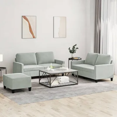 Produktbild von "im Angebot" 3-tlg. Sofagarnitur - Sofa-Set - Couchgarnitur - mit Kissen Hellgrau Samt - Klassische Sofas CC8857