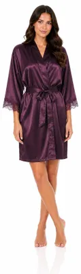 Immagine prodotto di Accappatoio in raso Damen, stile kimono, corto, con pizzo. Ideale come accappatoio, vestaglia da casa o camicia da notte. Colore: viola/melanzana