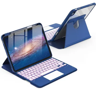 Image de Coque rotative avec clavier pour iPad de 11e/10e génération, compatible avec les modèles de 11/10,9 pouces, dotée d'un pavé tactile et d'un éclairage à 7 couleurs, couleur bleu océan