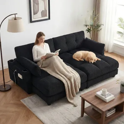 Immagine prodotto di LVHOM set di 2 sedie a sdraio con porta USB e portabicchieri, divano a 2 posti, poltrona reclinabile con tasca laterale, poltrona lounge da pavimento, schienale regolabile, nero