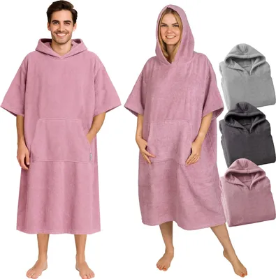 Produktbild von Frottee Badeponcho Damen Herren - Strandponcho 100% Baumwolle Surf Poncho Erwachsene Handtuch Kapuze Bade Surfponcho Bademantel Altrose S/M