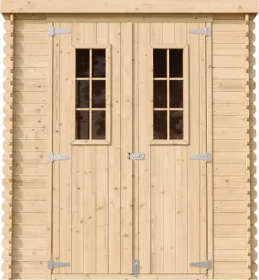 Front view of a wooden garden shed with double doors and two windows.