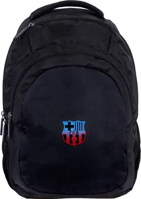 A black backpack with the FC Barcelona logo on the front.