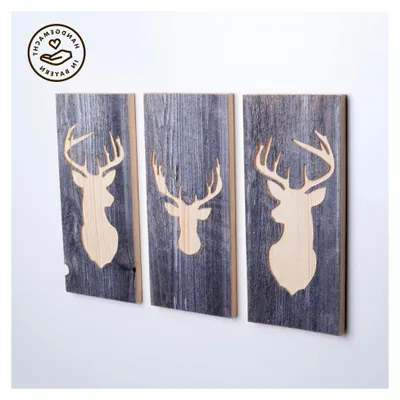 Produktbild von 3-teiliges Wandbild mit Hirschmotiv aus Altholz I Handgefertigte Wanddekoration aus Holz in Bayern I Deko-Hirsch als Holzbild I 3 Stück 35 x 15 x 2 cm