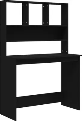 A black desk with shelves above it, shown against a white background.