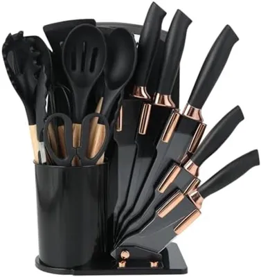 Produktbild von PolkaHome® Küchenmesserset – 19-teilig mit Schneidebrett und Ständer, spülmaschinengeeignet