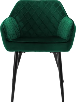 A dark green velvet armchair with diamond quilting and black metal legs, presented on a white background.